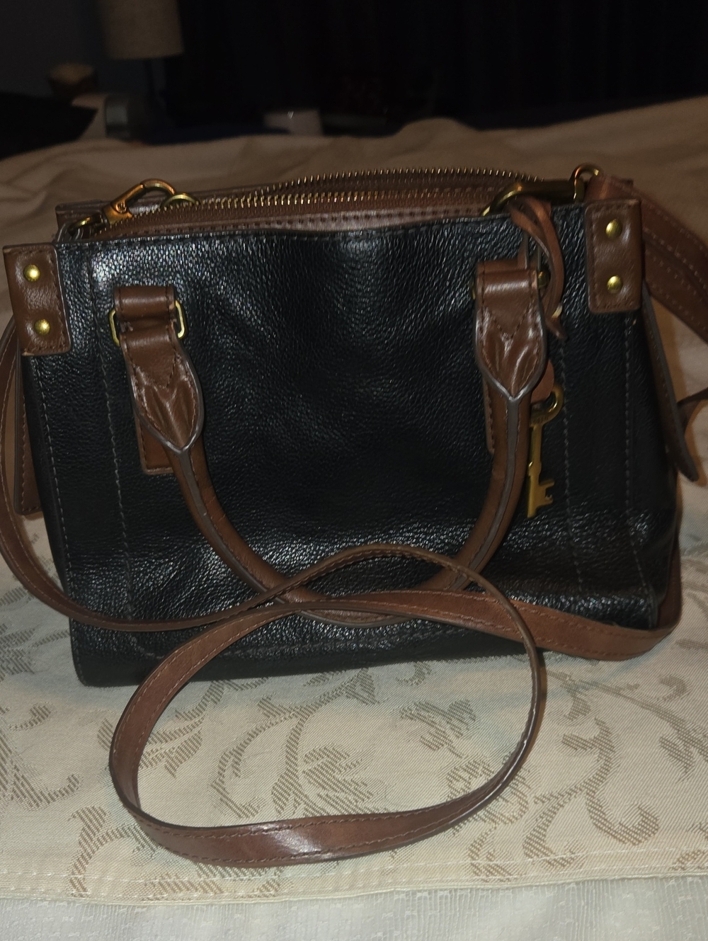 Fossil Claire Black Pebbled Leather Satchel/Crossbody Bag